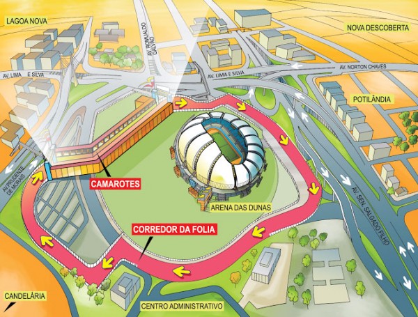Rota dos foliões passará pelo entorno da Arena das Dunas. Concentração será no Centro Administrativo.
